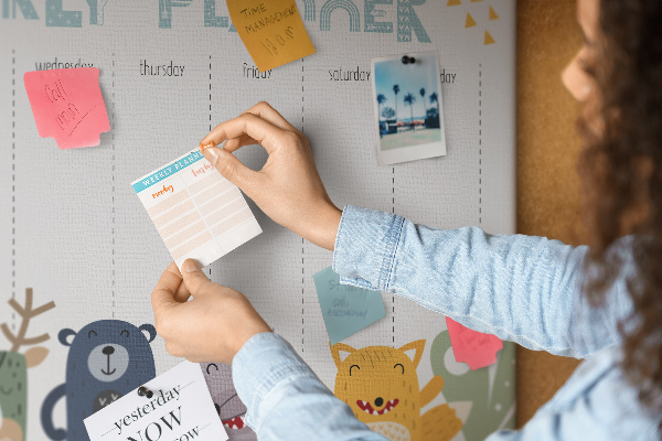Tablero de corcho decorado planificador semanal con diseño de animales coloridos