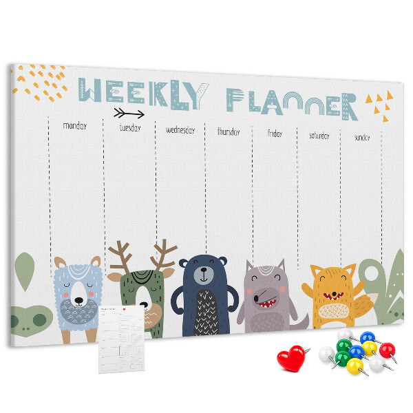 Tablero de corcho decorado planificador semanal con diseño de animales coloridos