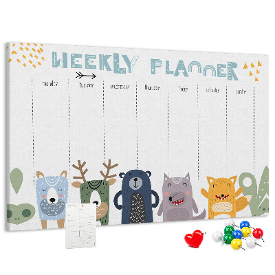 Tablero de corcho decorado planificador semanal con diseño de animales coloridos