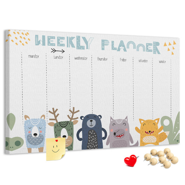 Tablero de corcho decorado planificador semanal con diseño de animales coloridos