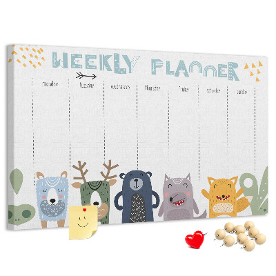 Tablero de corcho decorado planificador semanal con diseño de animales coloridos