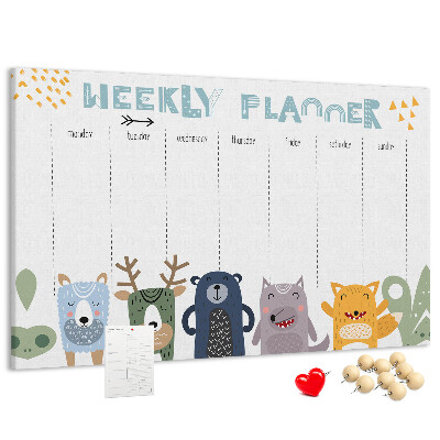 Tablero de corcho decorado planificador semanal con diseño de animales coloridos