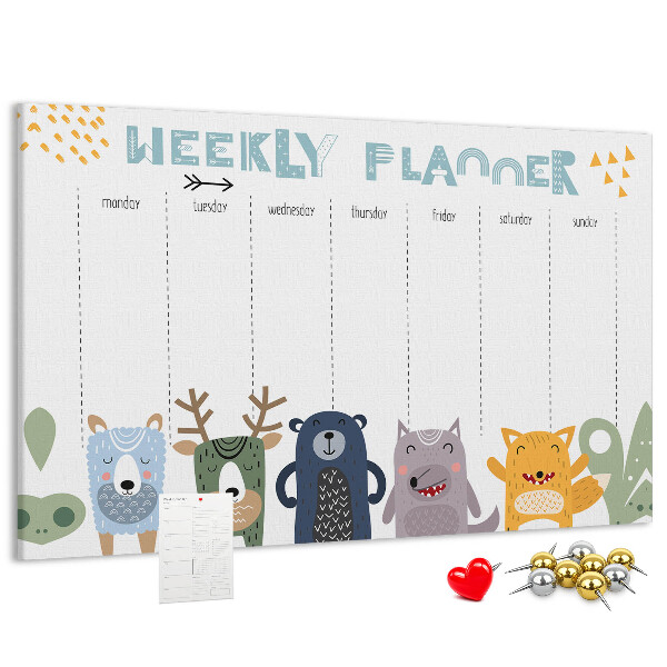 Tablero de corcho decorado planificador semanal con diseño de animales coloridos