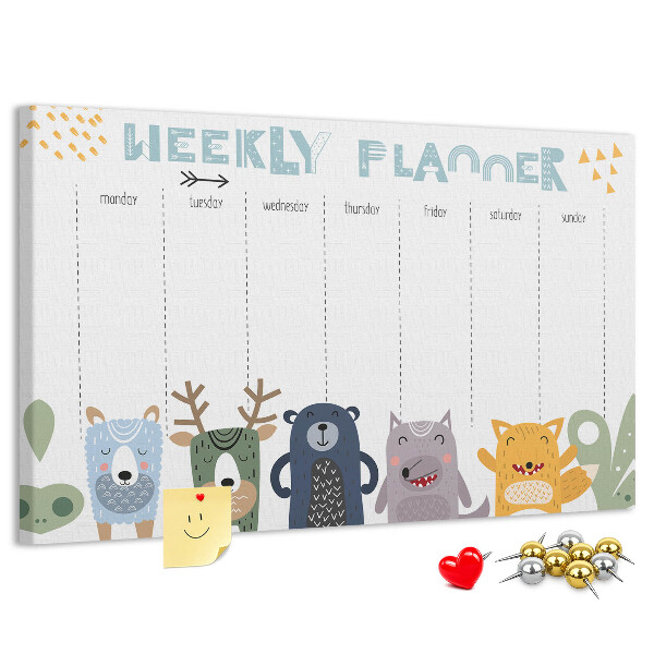 Tablero de corcho decorado planificador semanal con diseño de animales coloridos