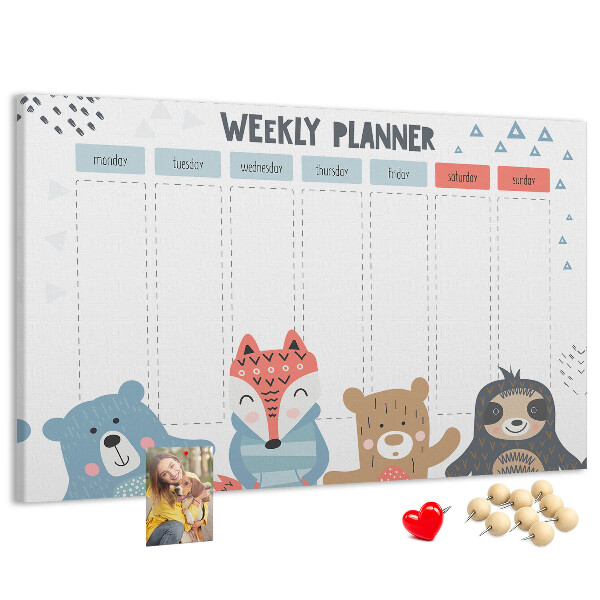 Tablero de anuncios planificador semanal con diseño de animales del bosque
