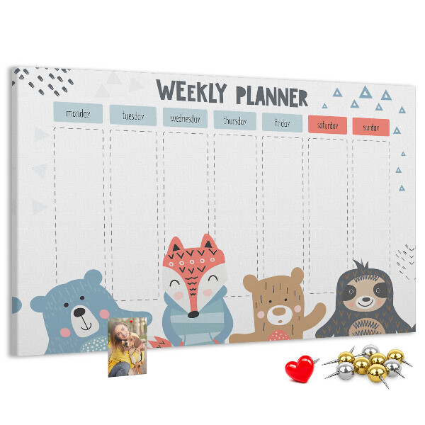 Tablero de anuncios planificador semanal con diseño de animales del bosque
