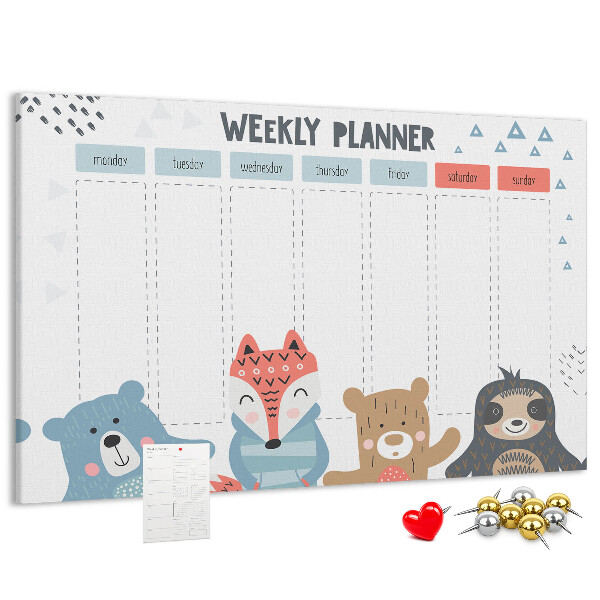 Tablero de anuncios planificador semanal con diseño de animales del bosque