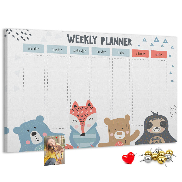 Tablero de anuncios planificador semanal con diseño de animales del bosque