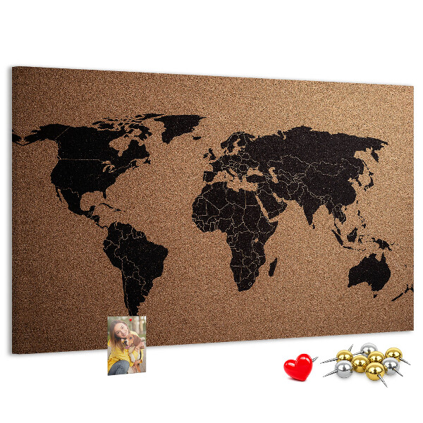Pizarra de corcho con diseño de mapa del mundo