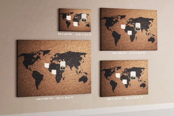 Pizarra de corcho con diseño de mapa del mundo