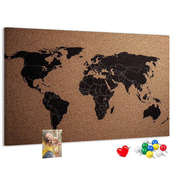 Pizarra de corcho con diseño de mapa del mundo