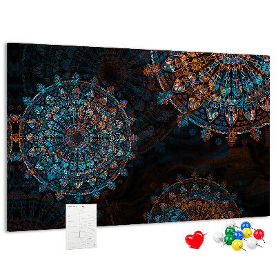 Tablero de anuncios Mandalas complejos en tonos azules y marrones.