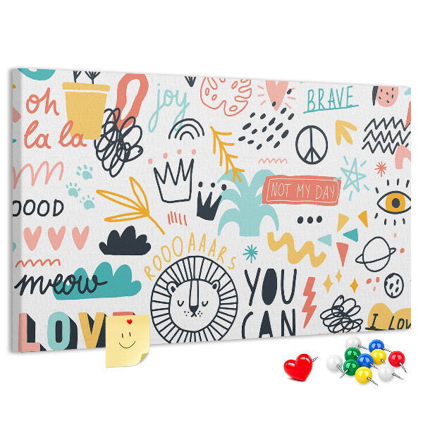 Pizarra de corcho con diseños alegres de animales y textos