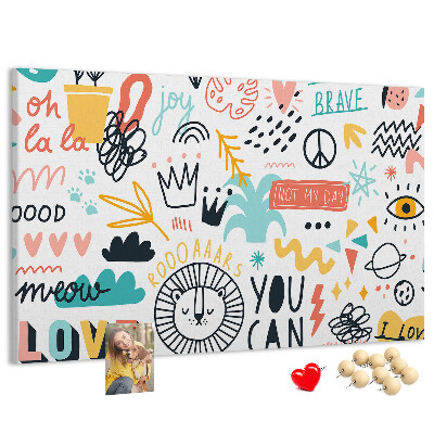 Pizarra de corcho con diseños alegres de animales y textos