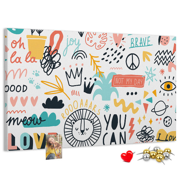 Pizarra de corcho con diseños alegres de animales y textos