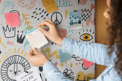 Pizarra de corcho con diseños alegres de animales y textos