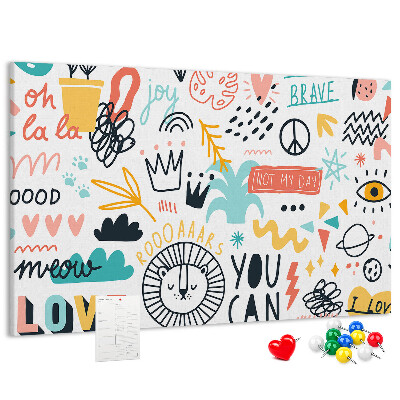 Pizarra de corcho con diseños alegres de animales y textos