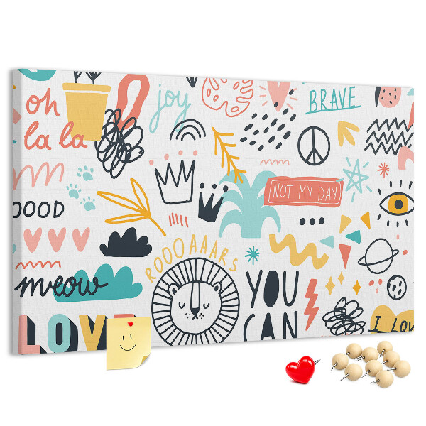 Pizarra de corcho con diseños alegres de animales y textos