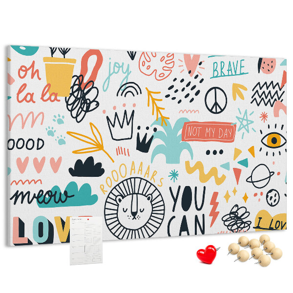 Pizarra de corcho con diseños alegres de animales y textos