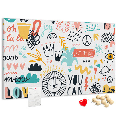 Pizarra de corcho con diseños alegres de animales y textos