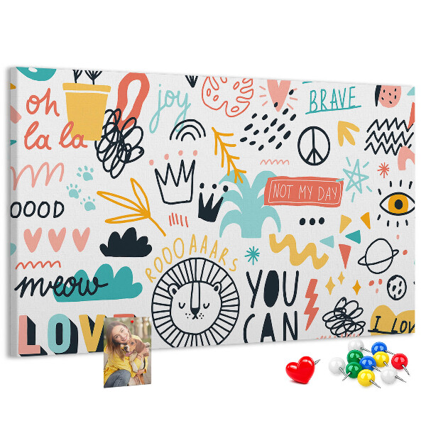 Pizarra de corcho con diseños alegres de animales y textos