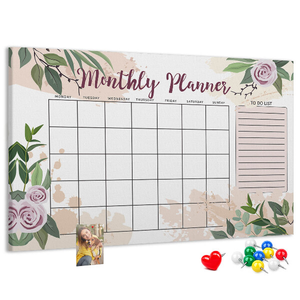 Calendario mensual con detalles florales y tablero de anuncios