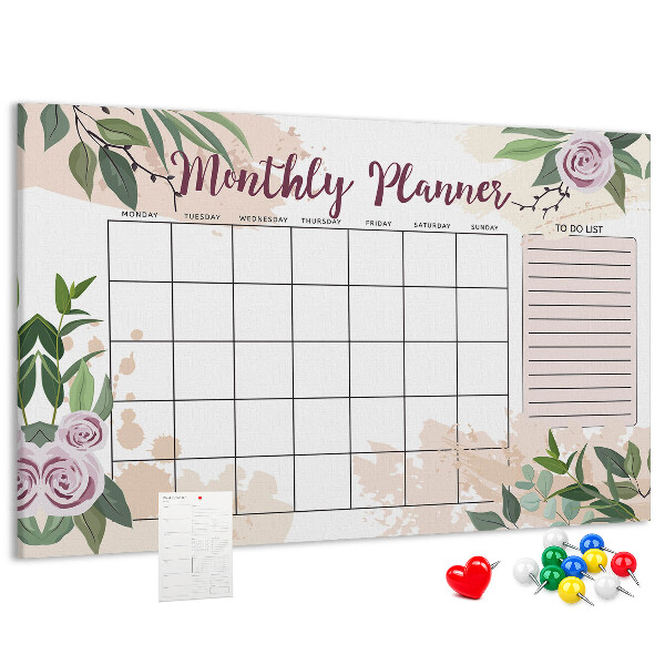 Calendario mensual con detalles florales y tablero de anuncios