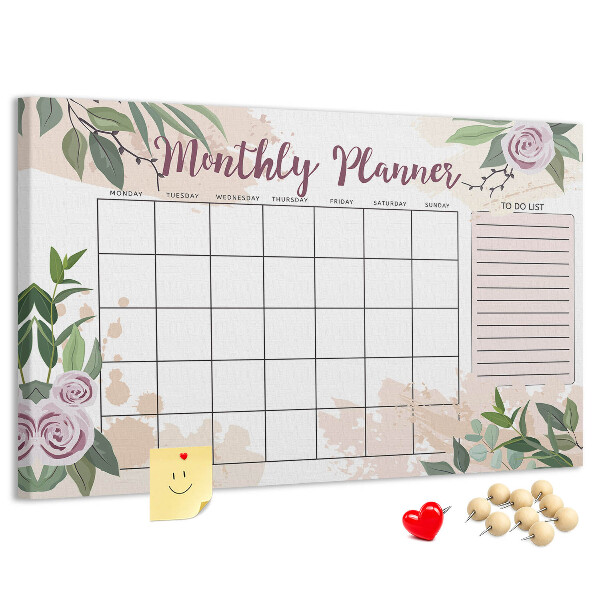 Calendario mensual con detalles florales y tablero de anuncios