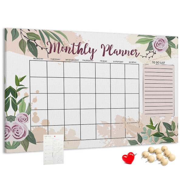 Calendario mensual con detalles florales y tablero de anuncios