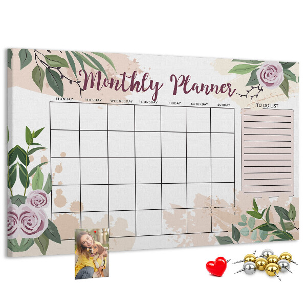 Calendario mensual con detalles florales y tablero de anuncios