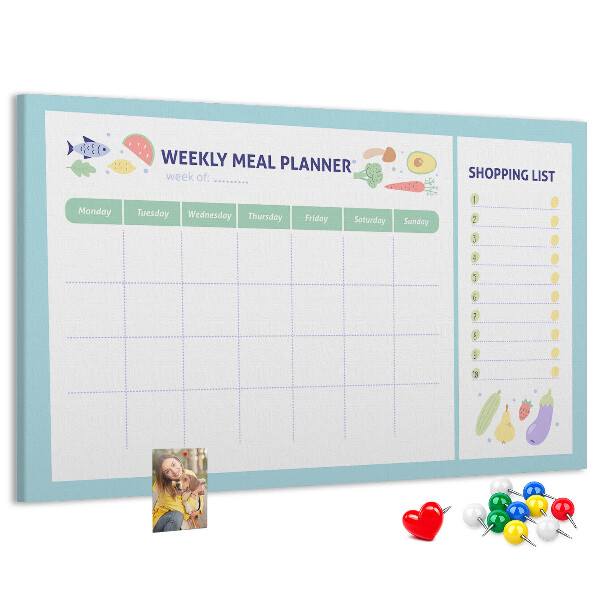 Planificador de comidas semanal con tablero de corcho decorativo