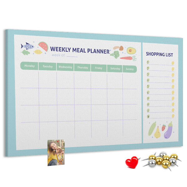 Planificador de comidas semanal con tablero de corcho decorativo