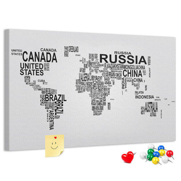 Tablero de anuncios mapa del mundo con nombres de países