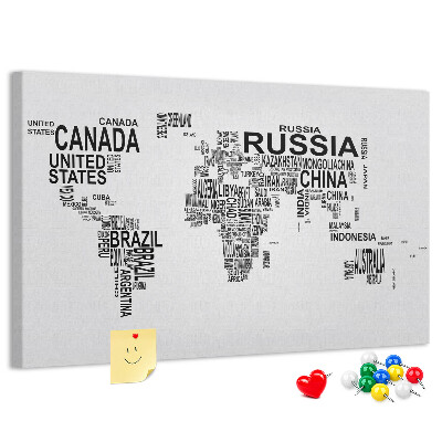 Tablero de anuncios mapa del mundo con nombres de países