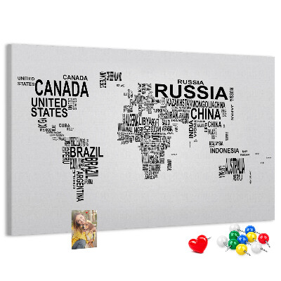 Tablero de anuncios mapa del mundo con nombres de países