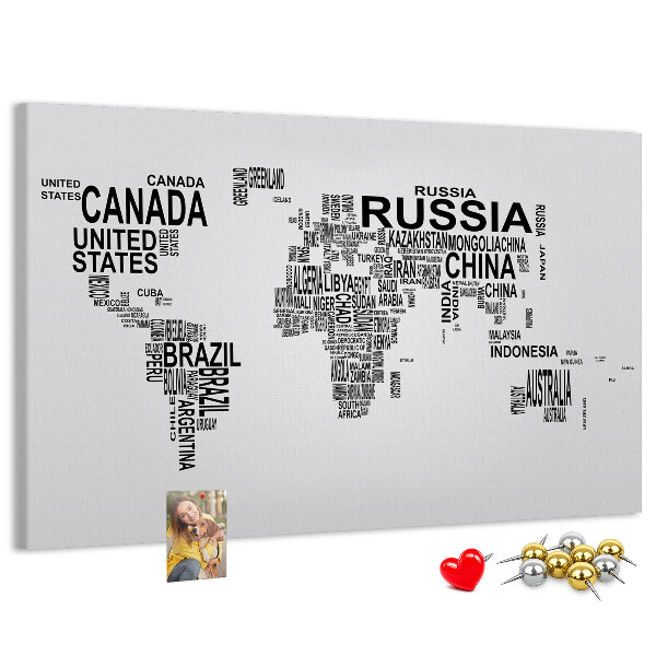Tablero de anuncios mapa del mundo con nombres de países