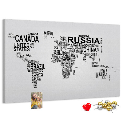 Tablero de anuncios mapa del mundo con nombres de países