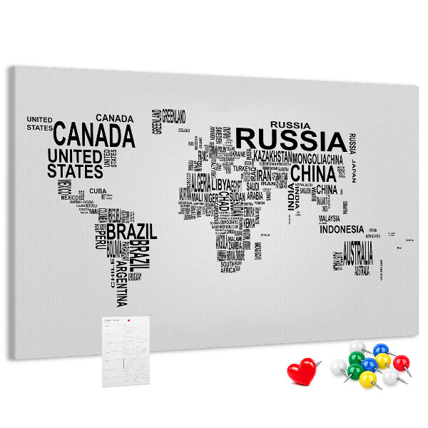 Tablero de anuncios mapa del mundo con nombres de países