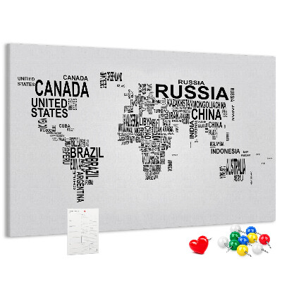 Tablero de anuncios mapa del mundo con nombres de países