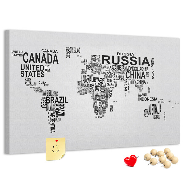 Tablero de anuncios mapa del mundo con nombres de países