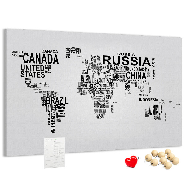 Tablero de anuncios mapa del mundo con nombres de países
