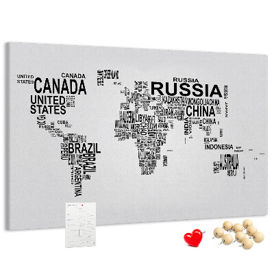 Tablero de anuncios mapa del mundo con nombres de países