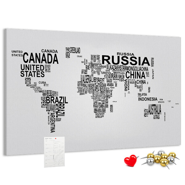 Tablero de anuncios mapa del mundo con nombres de países