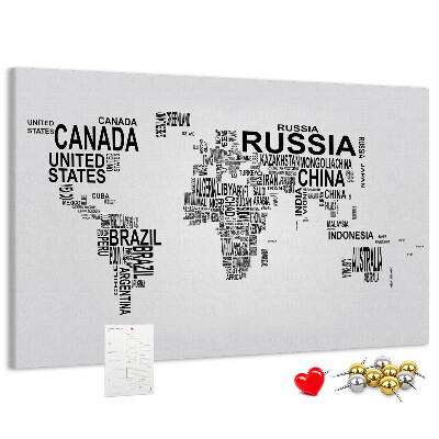 Tablero de anuncios mapa del mundo con nombres de países