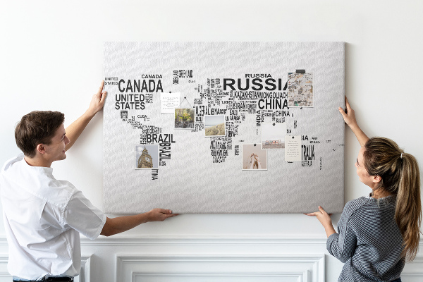 Tablero de anuncios mapa del mundo con nombres de países