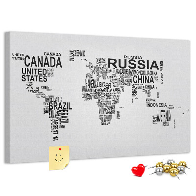 Tablero de anuncios mapa del mundo con nombres de países
