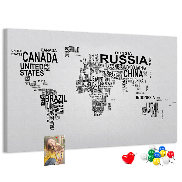 Tablero de anuncios mapa del mundo con nombres de países