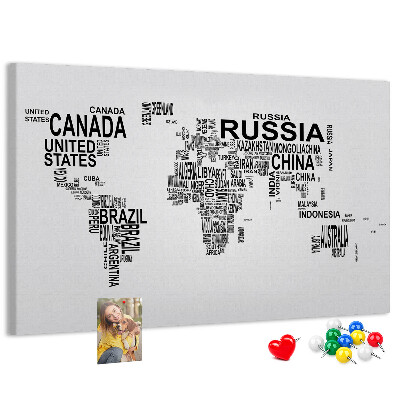 Tablero de anuncios mapa del mundo con nombres de países