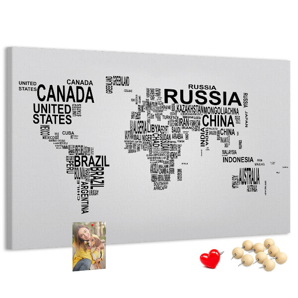 Tablero de anuncios mapa del mundo con nombres de países