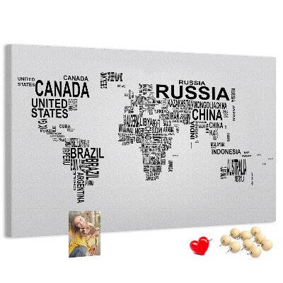 Tablero de anuncios mapa del mundo con nombres de países